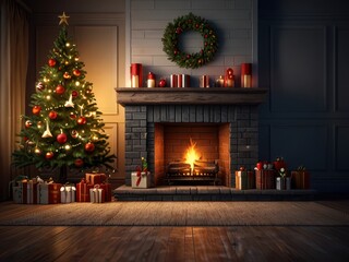 Christmas Room Interior Design, Xmas Tree Decorated By Lights Presents Gifts Toys, Candles And Garland Lighting Indoors Fireplace