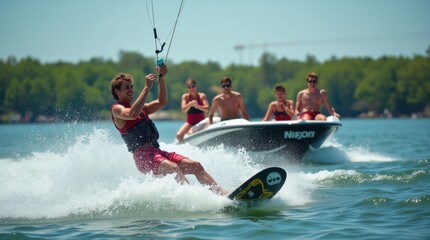 Obraz premium Friends enjoying a summer day on the lake while wakeboarding and showcasing tricks behind a boat