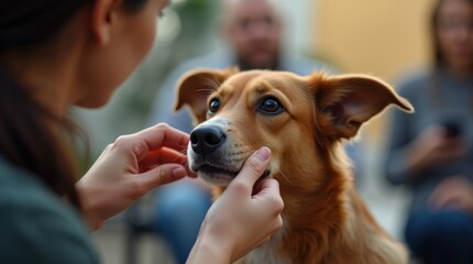 A dog owner engaging with their pet at a behavior workshop using gentle hand signals in a training session outdoors