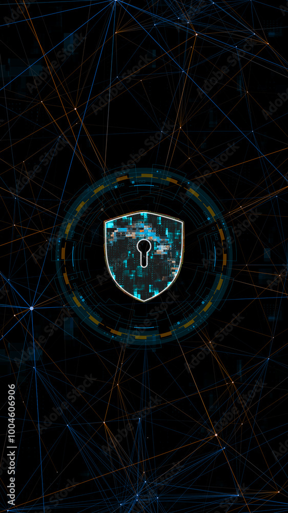 Poster blue digital security shield logo with circle futuristic hud elements and orange line connection wit