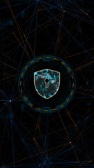 Blue digital security shield logo with circle futuristic HUD elements and orange line connection with network firewall technology and data secure concept vertical abstract background