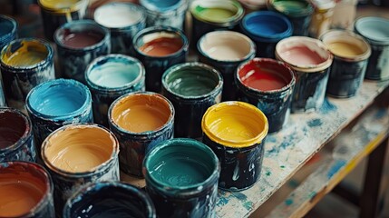 Assortment of colorful paint cans. Perfect for illustrating DIY, creativity, and design projects.