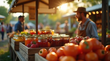 Obraz premium A charming small-town farmers market stall featuring homemade jams and honey in jars surrounded by fresh produce during the golden hour