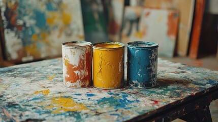 Three paint cans on a table. This image depicts the essence of creativity and the process of artistic expression.
