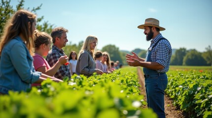 A diverse group of farmers guides visitors through vibrant rows of crops on a sunny day at the local farm