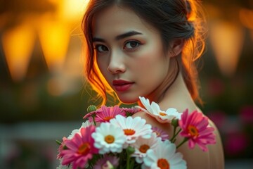 Naklejka premium Portrait of a woman holding daisies and gerbera flowers at sunset with golden bokeh background