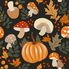 Children's autumn seamless pattern with pumpkins and mushrooms on a dark background. Perfect for textiles and paper.