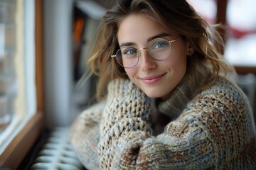 Beautiful young woman wearing glasses and a cozy sweater, smiling and leaning on the radiator for warmth indoors.