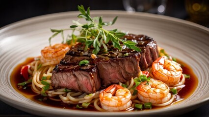 Delicious steak with noodles and shrimp.