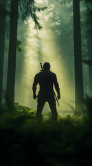 A legendary Celtic warrior, standing in a dense forest with his sword drawn, ready to defend his land against intruders as the mist rolls in. Celtic warrior in the forest.


