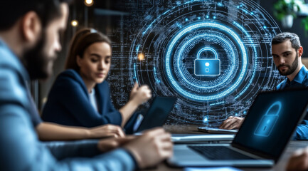 Colleagues engage in cybersecurity awareness training session in a modern office setting