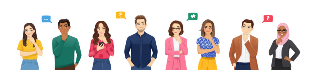 Thoughtful people set vector illustration. Group of men and women thinking, planning or pondering with question bubbles