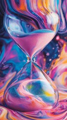Colorful hourglass measuring time passing on a psychedelic background