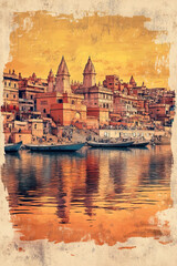 Obraz premium Varanasi, India, color pen pencil hand-drawn effect drawing illustration for travel poster, card, wallpaper, backdrop or banner. Modern, clear, artistic and simple