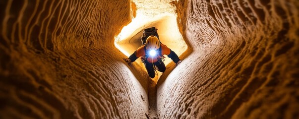 Cave explorer crawling through a narrow tunnel, headlamp lighting the way, underground adventure sport