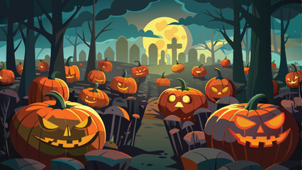 Fototapeta premium Pumpkin Patch with Glowing Jack o Lanterns Halloween Background Vector Illustration