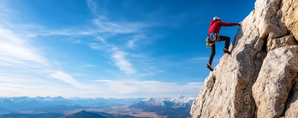 Fototapeta premium Cliff climber reaching the summit, expansive landscape below, moment of triumph