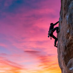 Cliff climber scaling an overhanging ledge, sunset glow, pushing boundaries