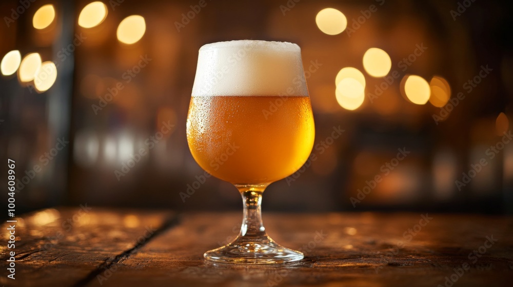 Poster a close-up shot of a frosty beer glass filled with golden ale, adorned with a delicate foam head, re
