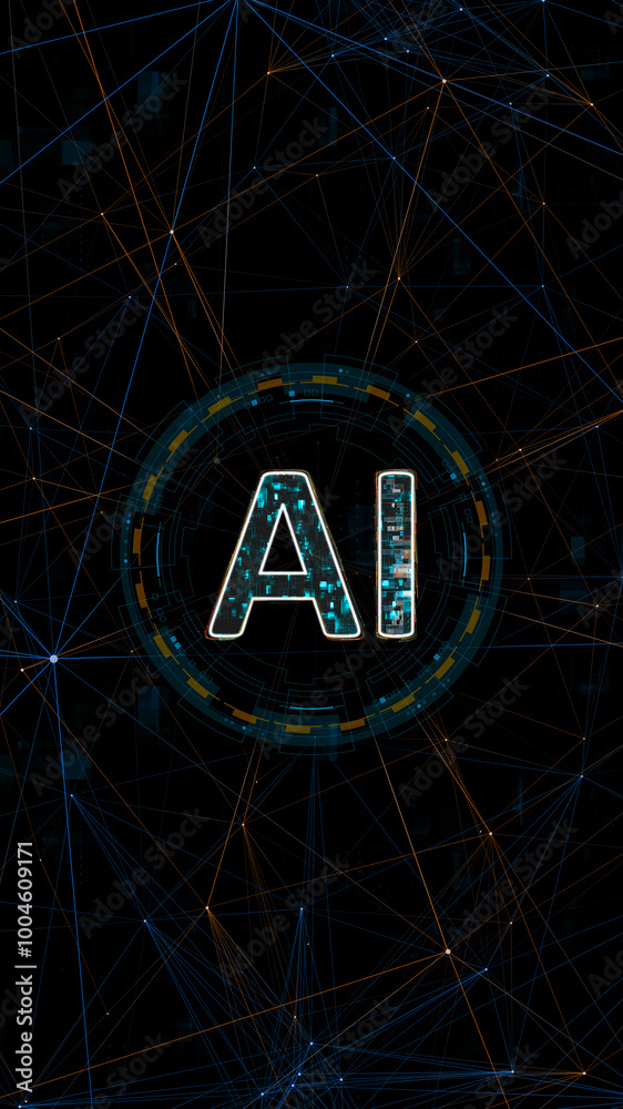 Poster blue digital ai logo with circle futuristic hud elements and orange line connection with artificial 