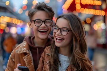 1. Beautiful boy with glasses smiling and laughing while using social networking site on mobile phone.  2. Beautiful girl with glasses smiling and laughing as she browses dating website