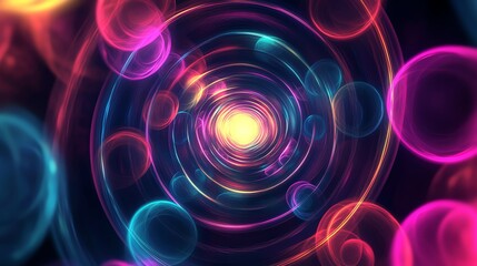 A swirling pattern of neon circles and glowing orbs in a dark background.