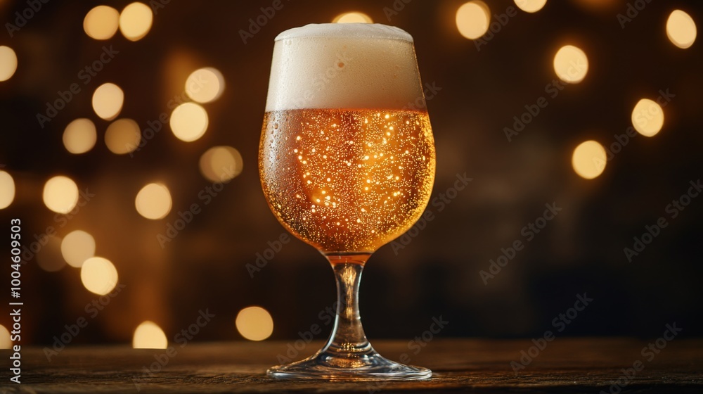Poster a close-up shot of a frosty beer glass filled with golden ale, adorned with a delicate foam head, re