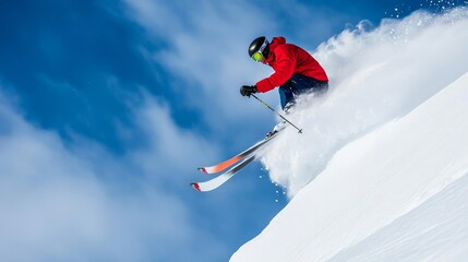 Extreme skier leaping off a cliff, snow cascading, winter alpine action