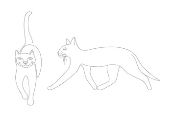 Set of two cats- in profile and full face. They are coming. Stock vector illustration in the style of a single line isolated on a white background