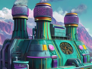Cartoon inspired power facility featuring aerodynamic cooling towers a vivid neon green and purple color scheme sharp edged modular construction and a whimsical machine like appearance