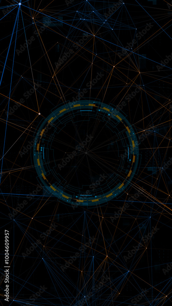 Wall mural blue digital circle futuristic hud elements and orange line connection on vertical abstract backgrou