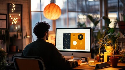 Modern office astrology workspace with a designer working on high-fidelity graphics during dusk