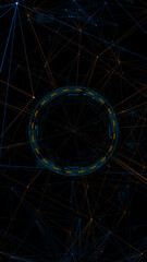 Blue digital circle futuristic HUD elements and orange line connection on vertical abstract background technology concepts
