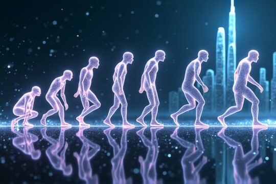 Evolutionary progression of human figures in a futuristic cityscape reflecting on the ground