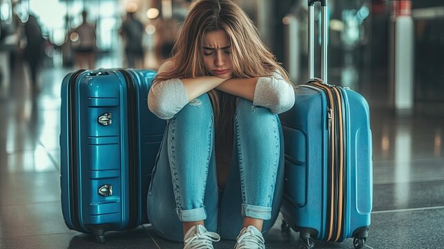 A young woman sits between suitcases, looking sad. This photo represents the feeling of loneliness and disappointment when traveling alone.
