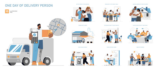 One Day Of Delivery Person. Flat Vector Illustration