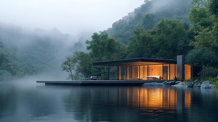 Modern cabin on a lake with a foggy mountain background.