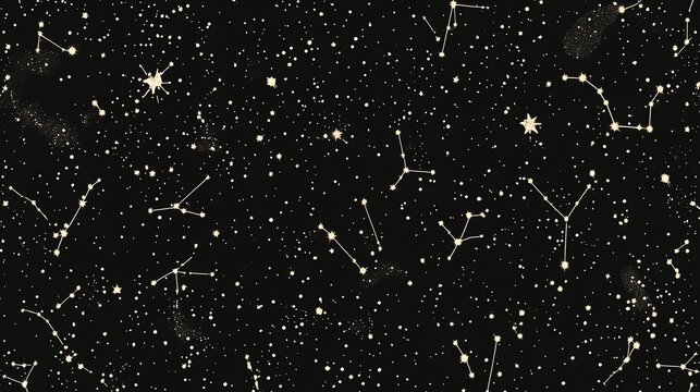 A seamless pattern of gold constellations on a black background, with scattered white stars.