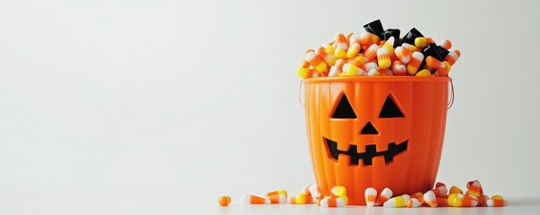 Halloween pumpkin bucket overflowing with candy corn and black licorice on white background