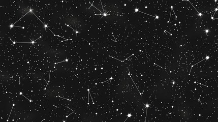 Seamless pattern of white constellations and stars on a black background.