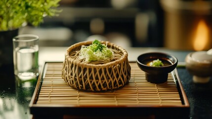 A close-up shot of chilled soba served on a bamboo mat, accompanied by a small dish of dipping sauce (tsuyu) and fresh wasabi, highlighting the dish's texture and presentation.