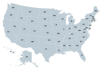 The United States of America, gray political map. Map with the silhouettes of fifty states and postal abbreviations, and with the federal District of Columbia, as it is used for statistics. Vector. © Peter Hermes Furian