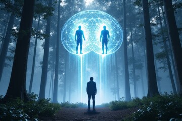 Fototapeta premium Conceptual holographic human figures in a glowing neural network in the forest