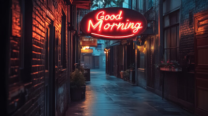 Fototapeta premium A vibrant neon sign reading Good Morning brightens a serene alley as dawn breaks, inviting passersby to start their day.