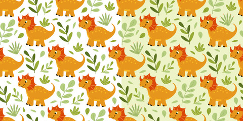 Set of seamless patterns with funny orange baby dinosaurs triceratops and green plants. Great for fabrics, wrapping papers, wallpapers, covers. Vector illustration in hand drawn flat style © Anna Druzhkova