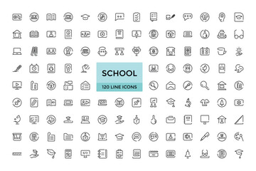 School line icons collection, editable stroke web icon of textbook, biology, maths, bag, school, pencilbox, students, desk,knowledge,library, vector stock, Thin outline icon pack, Pixel perfect.