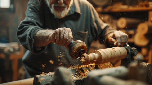 craftsman using a lathe to shape wood, with wood shavings flying in the air.