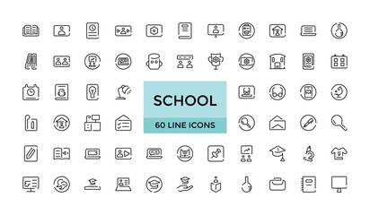 School line icons collection, editable stroke web icon of textbook, biology, maths, bag, school, pencilbox, students, desk,knowledge,library, vector stock, Thin outline icon pack, Pixel perfect.