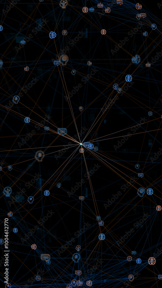 Poster blue digital ai icons linked on grid mesh and line connection on futuristic abstract background tech
