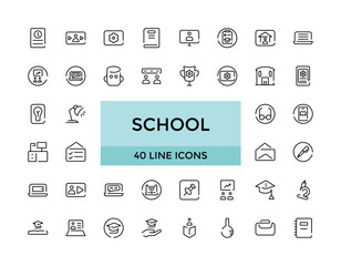 School line icons collection, editable stroke web icon of textbook, biology, maths, bag, school, pencilbox, students, desk,knowledge,library, vector stock, Thin outline icon pack, Pixel perfect.